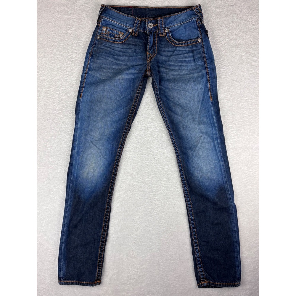 True Religion Skinny Jeans Orange Big T Stitch Denim Blue Womens Size 29